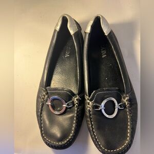Prada Women's Black Leather Loafers with Silver Accents